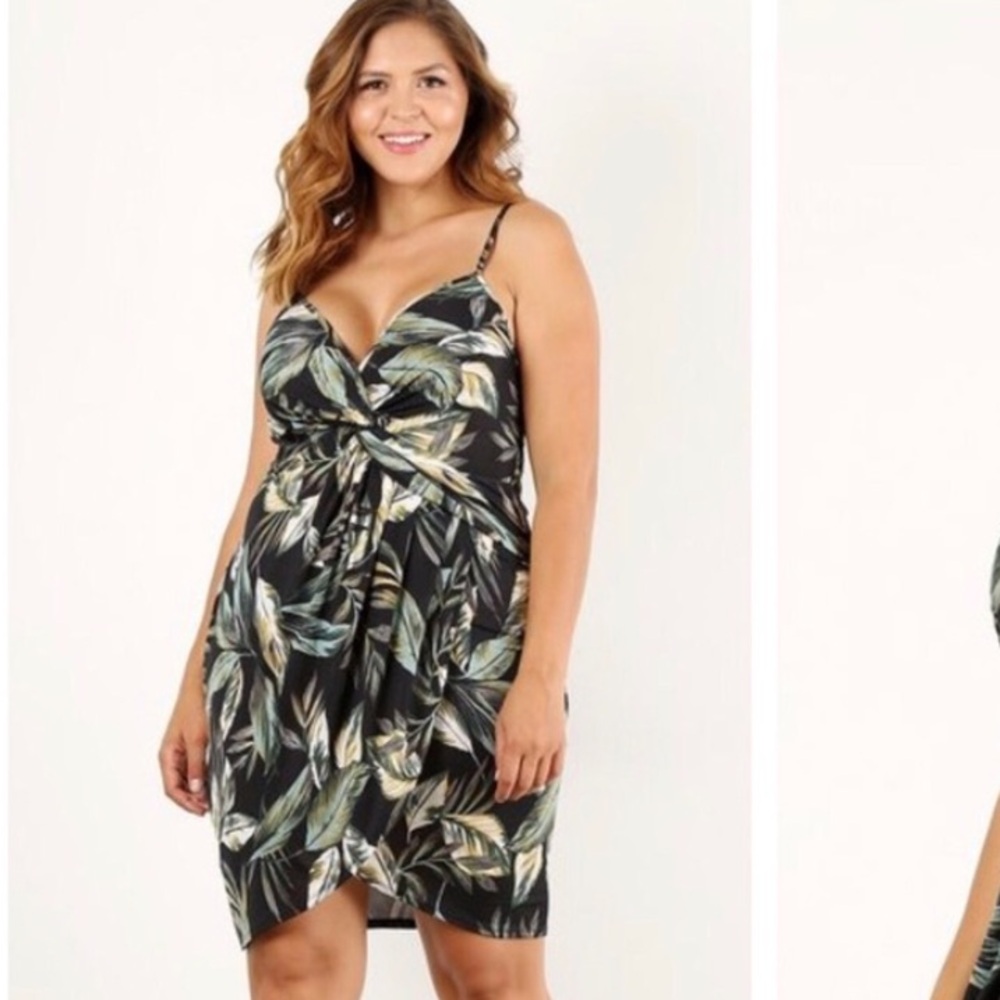 Elegant Black and Green Leaf Print Dress